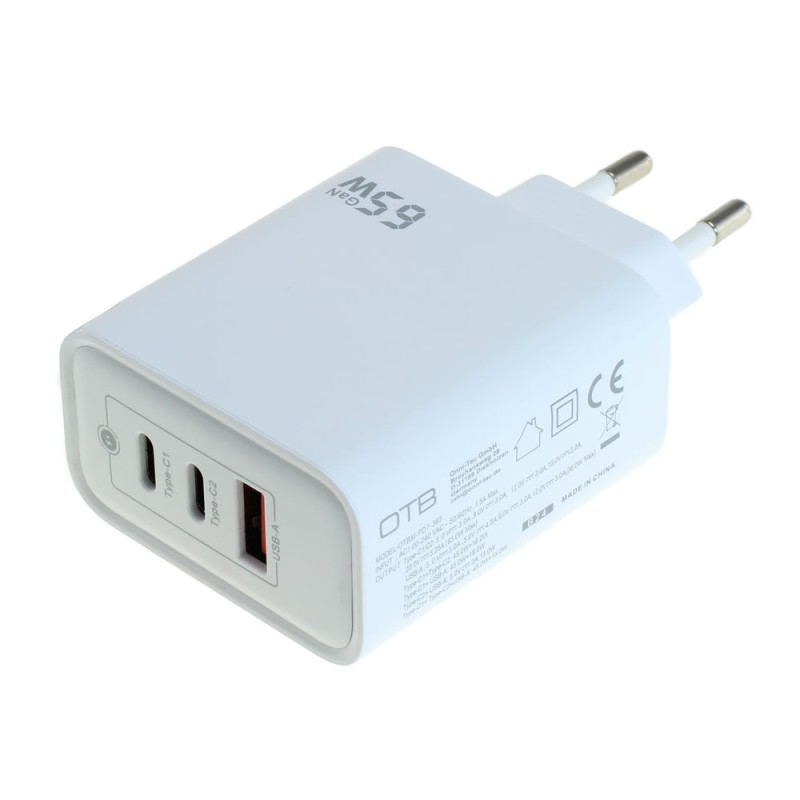 OTB Ladegerät USB GaN (2xUSB-C + 1xUSB-A) mit USB Power Delivery USB-PD - 3-Port - 65W - weiss