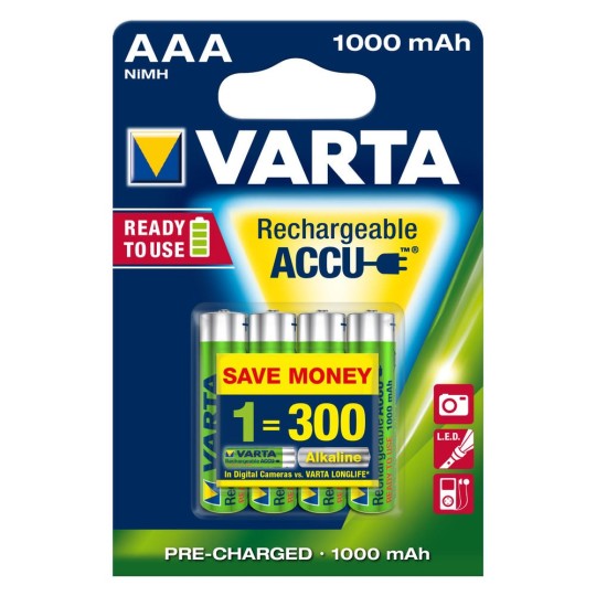 Varta Akku Rechargeable Accu Micro AAA Ready 2 Use NiMH 1000mAh - 4er Blister